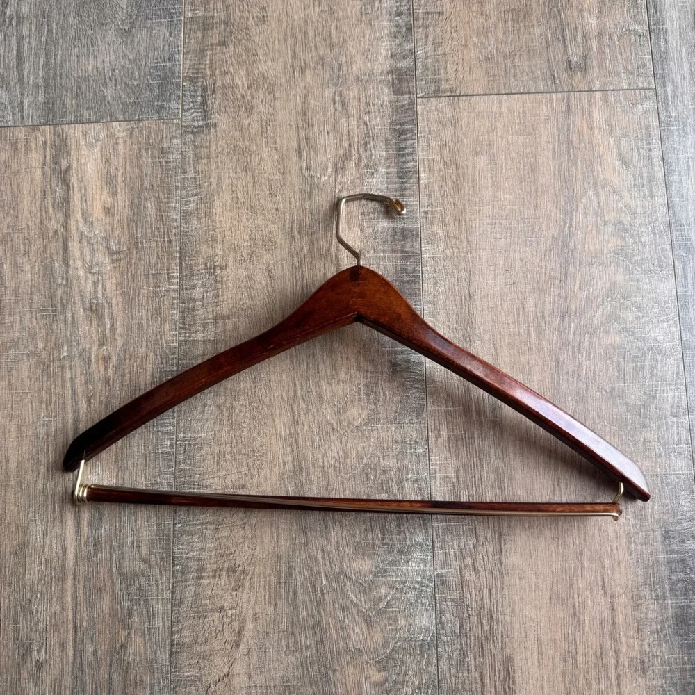 Polo Ralph Lauren Wooden Suit Hanger Dark Brown Gold Pony Logo Brass Hook Bar